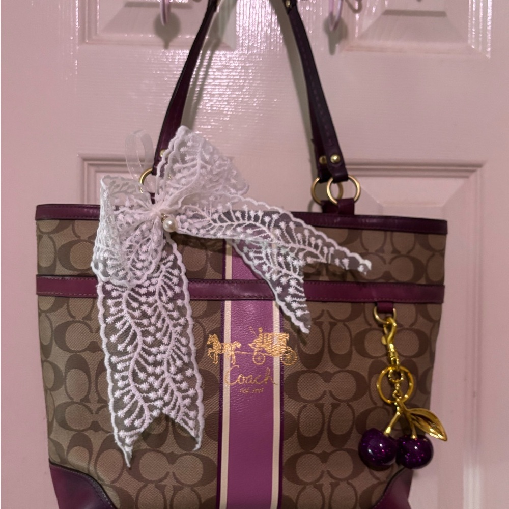 Coach Tan and Purple Tote with Lace Bow